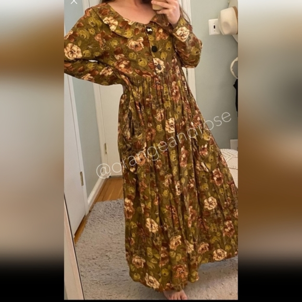 Vintage Flattery Green Brown Earthy CottageCore Mixed Button Maxi Dress Large L